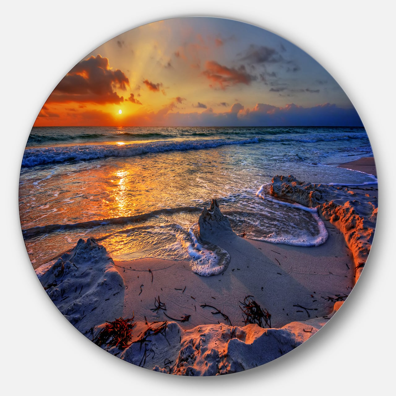 Designart - Beautiful Seashore with Yellow Sun' Seashore Metal Circle Wall Art